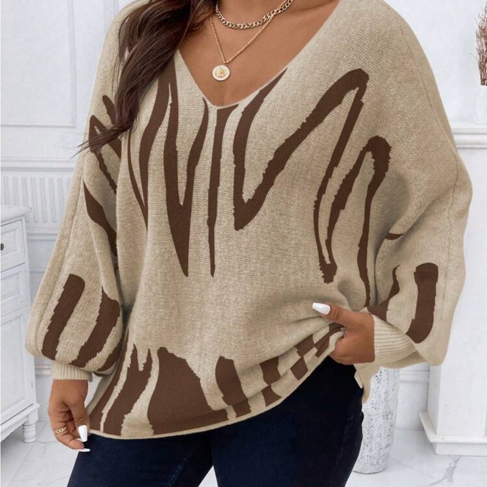 SHEIN Size 2x Stylish Beige and Brown Women's Sweater